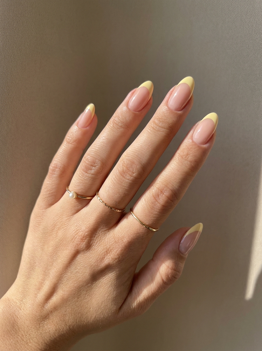 Buttery Yellow French Tips auf einer zarten Nude-Basis